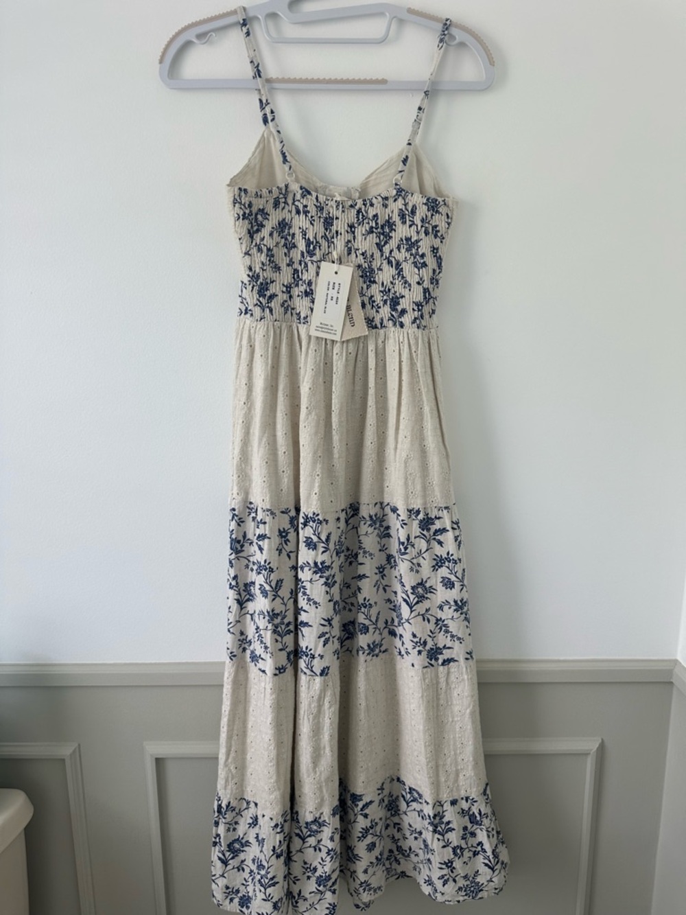 Cream Maxi Dress with Blue Floral Trim and Tie Front - Picture 2 of 4